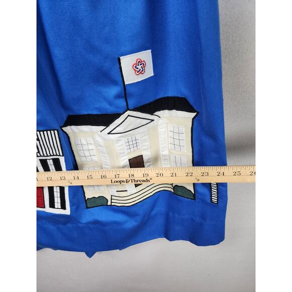 Whimsical Blue Skirt with Appliqué Cityscape Hem, Gathered Waist, Artistic Urban - Picture 5 of 7